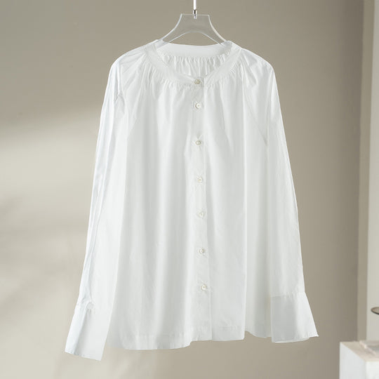 Damen Bluse mit gerafftem Rundhalsausschnitt und durchgehender Knopfleiste Shop Nory