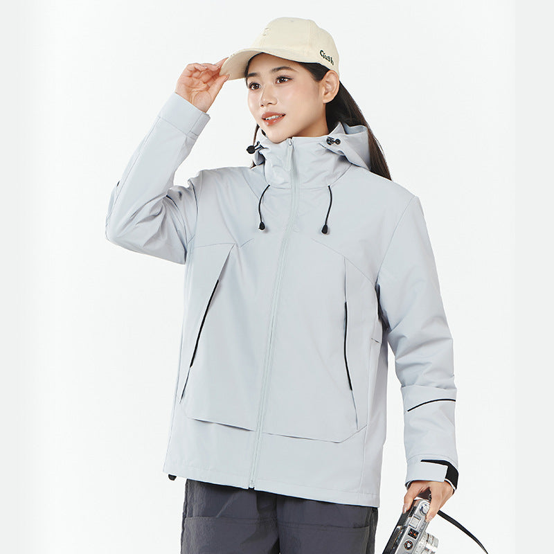 Damen Leichte wind- und wasserabweisende Softshell-Trekkingjacke mit verstellbarer Kapuze Shop Nory