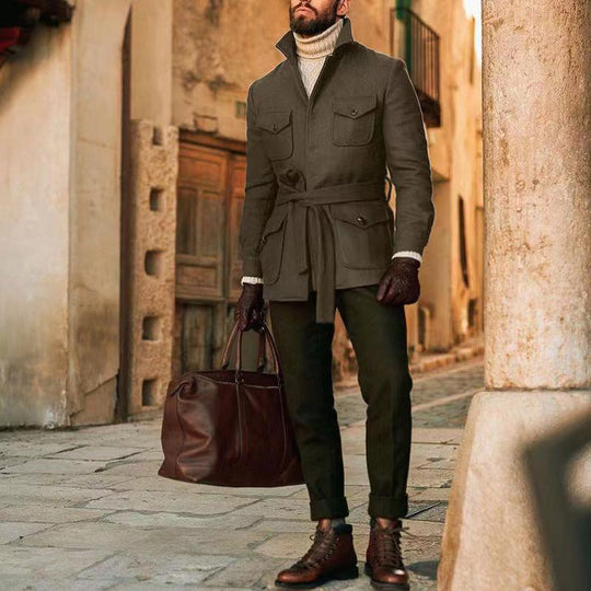 Herren multifunktionale Wool-Jacke mit Gürtel und Taschen