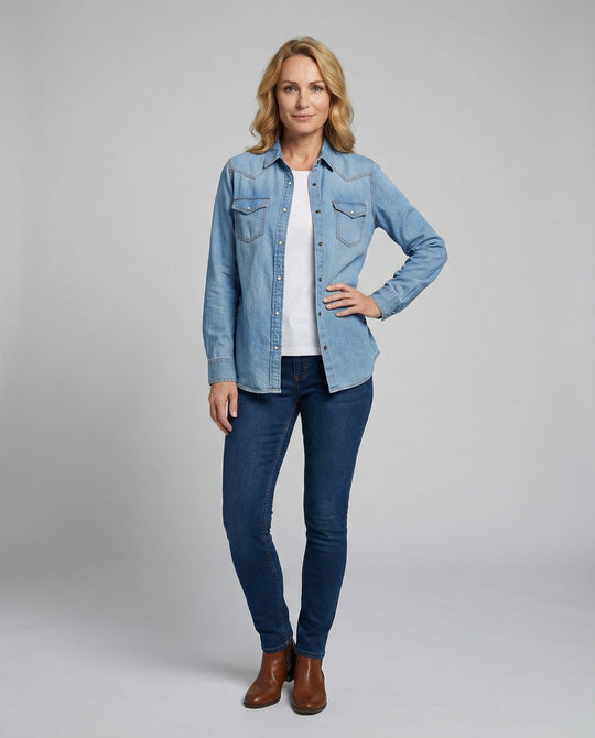Damen Denim-Hemdbluse mit dekorativen Brusttaschen