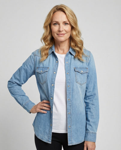 Damen Denim-Hemdbluse mit dekorativen Brusttaschen