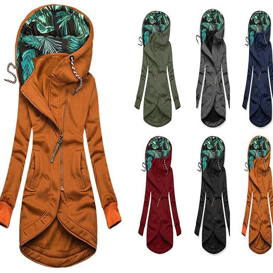 Damen asymmetrische Parka mit gefütterter tropischer Druckkapuze Shop Nory