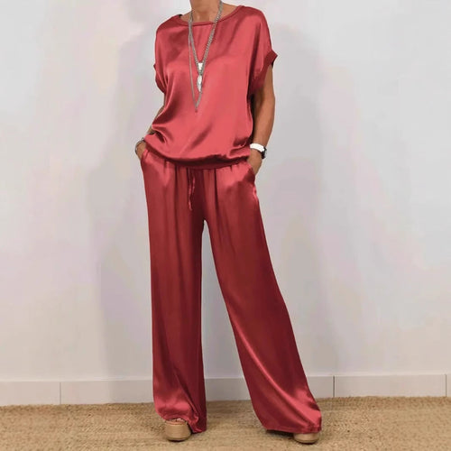 Damen Elegantes Satin Lounge-Set mit weitem Schnitt und lässigem Oberteil