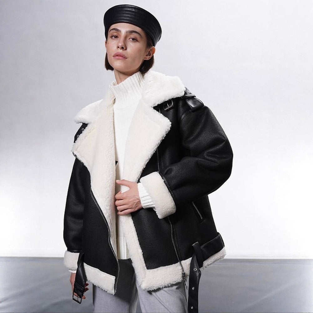 Damen Oversized Bikerjacke mit Teddyfell-Futter und verstellbaren Gürteln Shop Nory