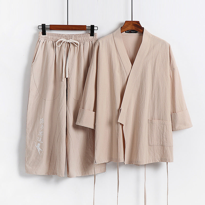 Unisex Leichtes Kimono-Loungewear-Set aus Baumwoll-Leinen mit bestickter Haremshose und Bindegürtel Shop Nory