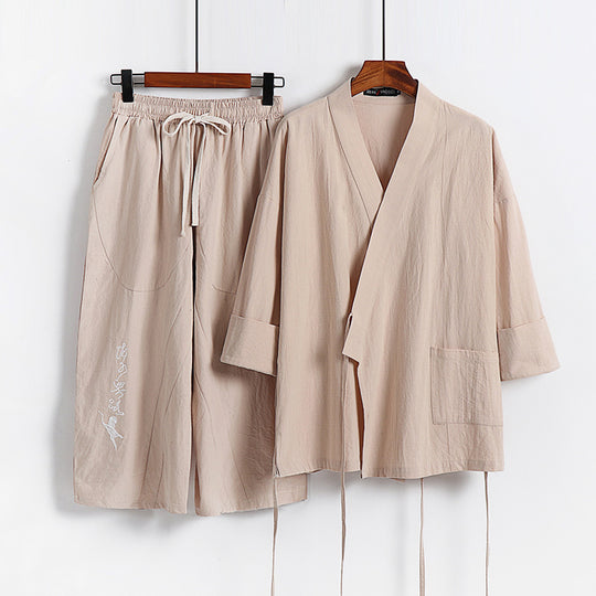 Unisex Leichtes Kimono-Loungewear-Set aus Baumwoll-Leinen mit bestickter Haremshose und Bindegürtel Shop Nory