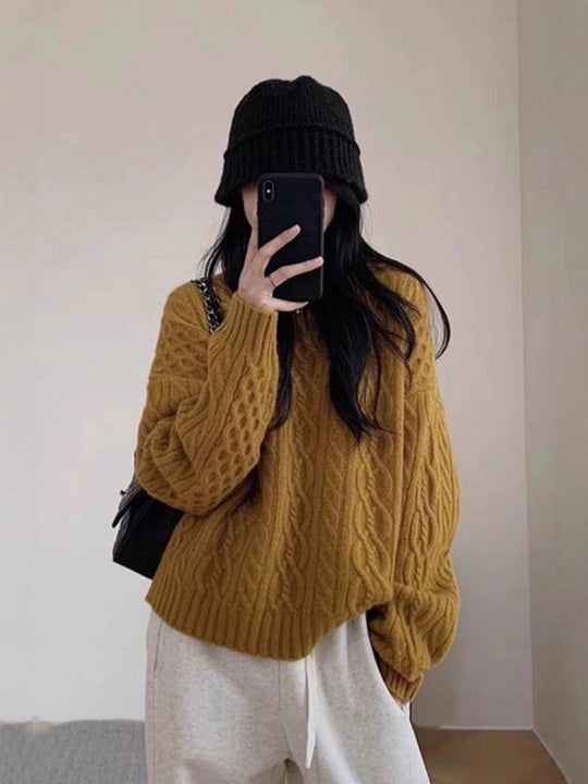 Damen Oversize Zopfmuster‑Pullover mit Rundhalsausschnitt und lässiger Schulterpartie Shop Nory