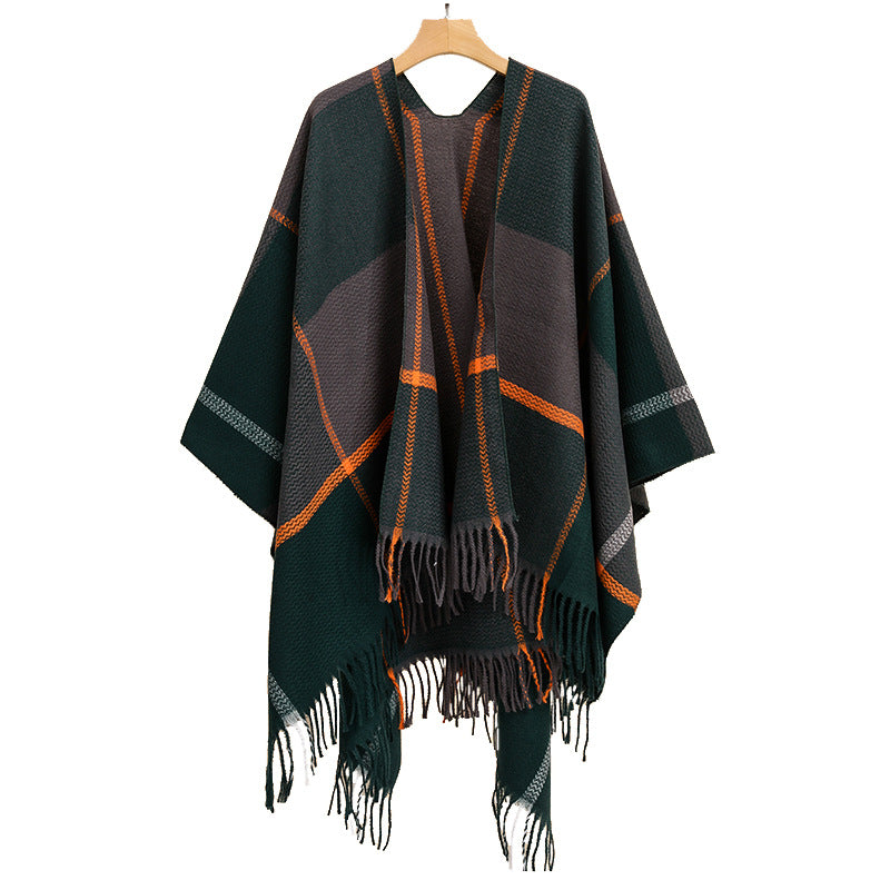 Damen Oversize-Capeponcho aus strukturierter Strickmischung mit V‑Ausschnitt, Karomuster und Fransen Shop Nory