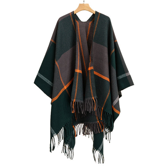 Damen Oversize-Capeponcho aus strukturierter Strickmischung mit V‑Ausschnitt, Karomuster und Fransen Shop Nory