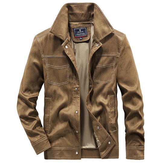 Herren Canvas-Workerjacke mit markanten Kontrastnähten, hohem Kragen und Druckknopfverschluss Shop Nory