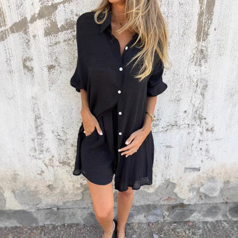 Damen legeres Baumwoll-Shorts-Set mit oversized Hemd und elastischem Bund
