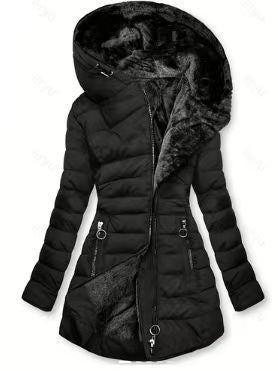 Damen Taillierter Steppmantel mit Oversize-Kapuze, kuscheligem Teddyfutter und Zierringen am Reißverschluss Shop Nory