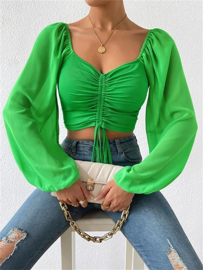Damen Crop-Top mit strukturiertem Körper und eleganten Puffärmeln