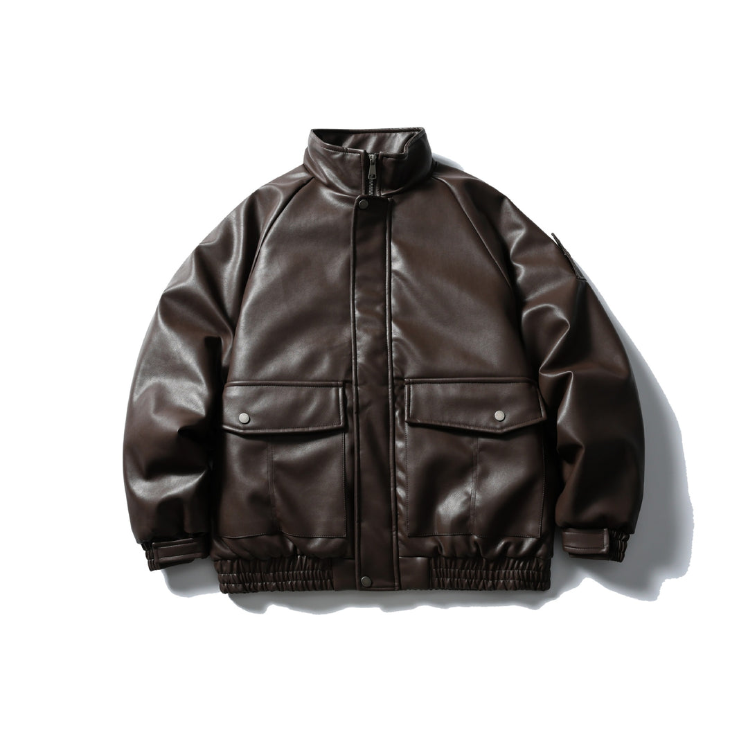 Herren Gepolsterte Kunstleder-Bomberjacke mit hohem Stehkragen und Pattentaschen Shop Nory