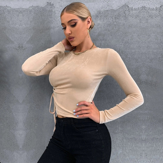 Damen figurbetontes Langarm-Top mit seitlicher Raffung, Tunnelzug und schmeichelnder Sculpting‑Passform Shop Nory