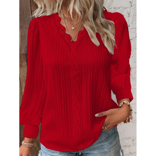Damen Plissierte V‑Ausschnitt Bluse mit Spitzenbesatz und Ballonärmeln Shop Nory