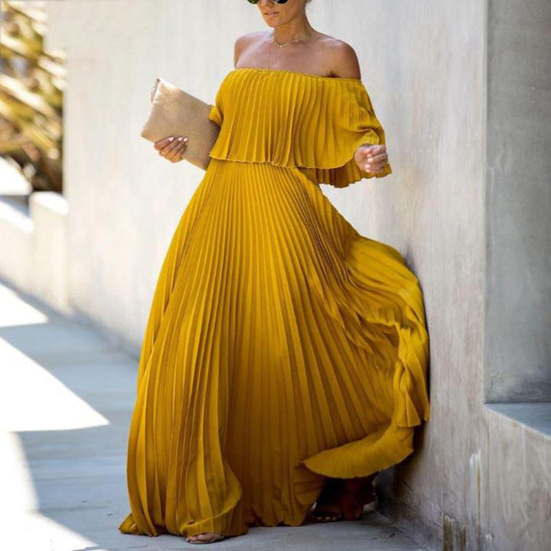 Damen Maxikleid mit asymmetrischem Plisseefall und schulterfreiem Design