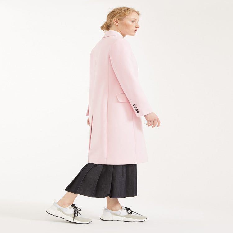 Damen Zweireihiger Midilanger Wollmix-Mantel mit betonter Schulter und kontrastknöpfen Shop Nory