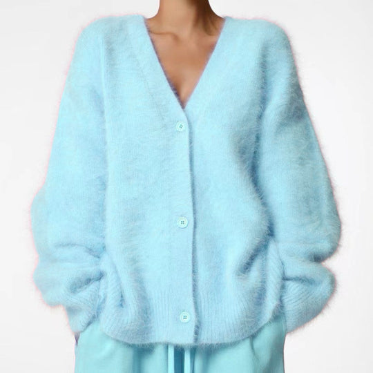 Damen Flauschiger Oversize-Knopfcardigan mit tiefem V-Ausschnitt und Eingrifftaschen Shop Nory