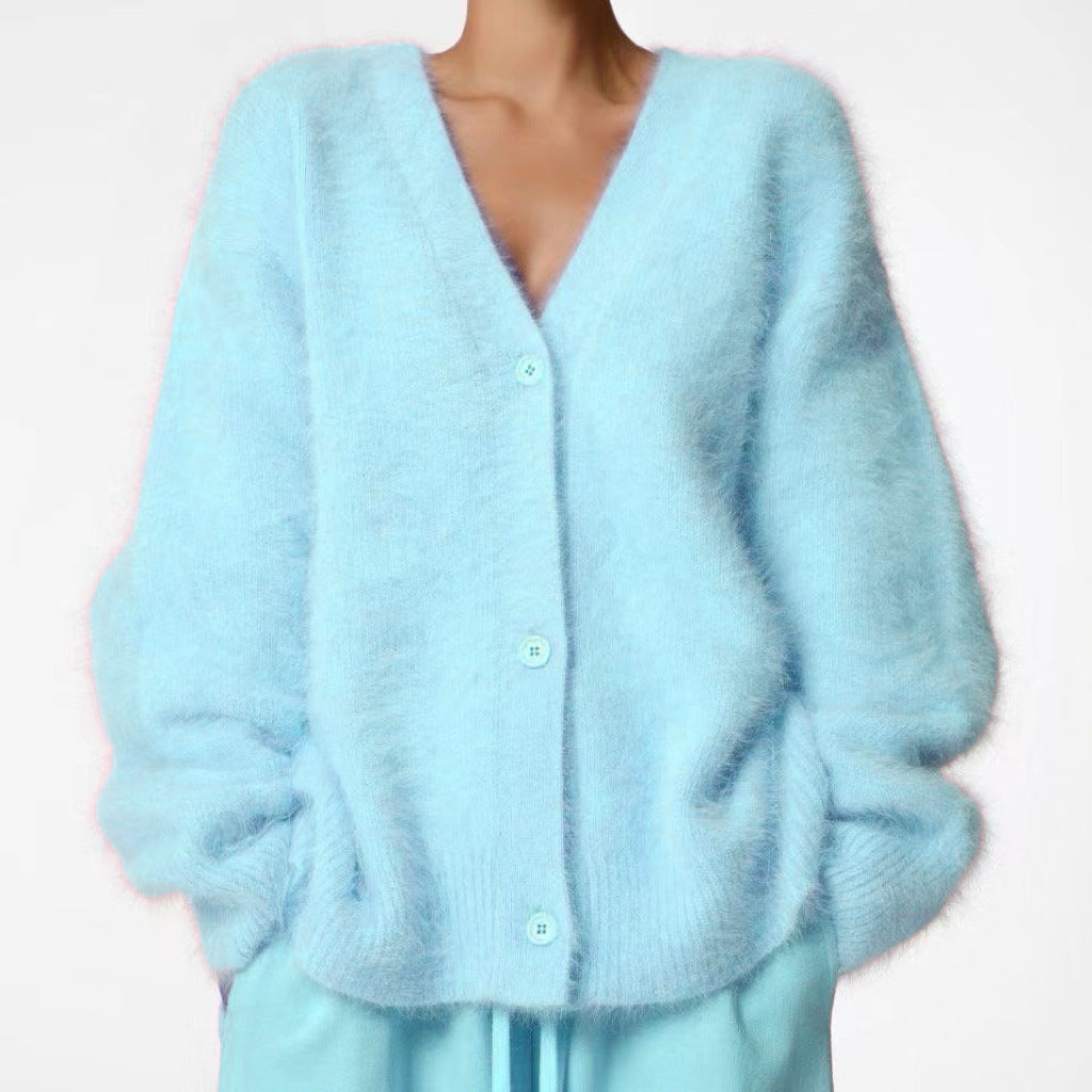 Damen Kuscheliger Oversize-Cardigan aus Teddy-Strick mit tiefem V-Ausschnitt Shop Nory