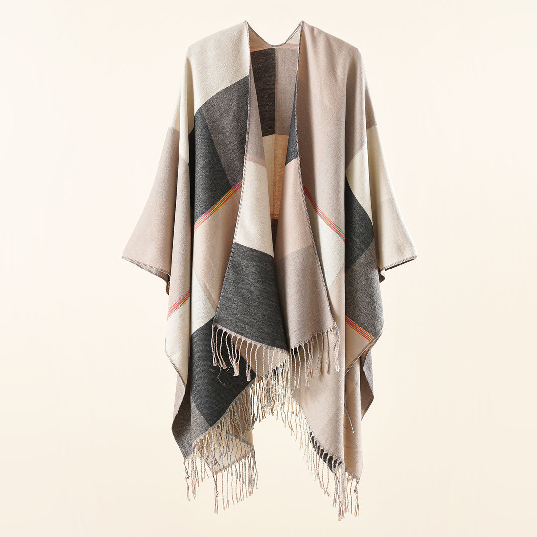 Damen Leichter Webruana mit geometrischem Blockmuster und Fransensaum Shop Nory