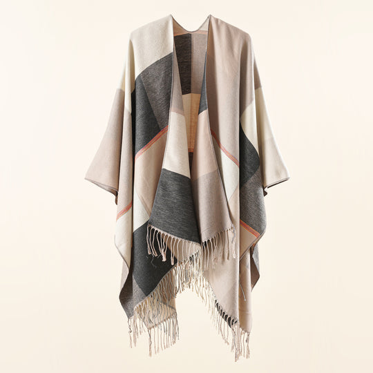 Damen Leichter Webruana mit geometrischem Blockmuster und Fransensaum Shop Nory