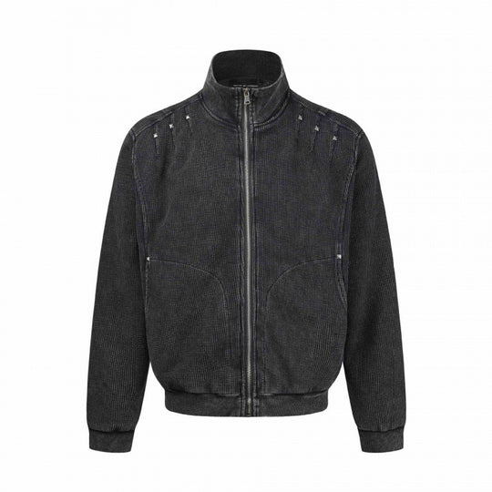Unisex Grobgestrickte Zip‑Bomberjacke mit Stehkragen, Nieten‑Detail und Reißverschlusstaschen Shop Nory
