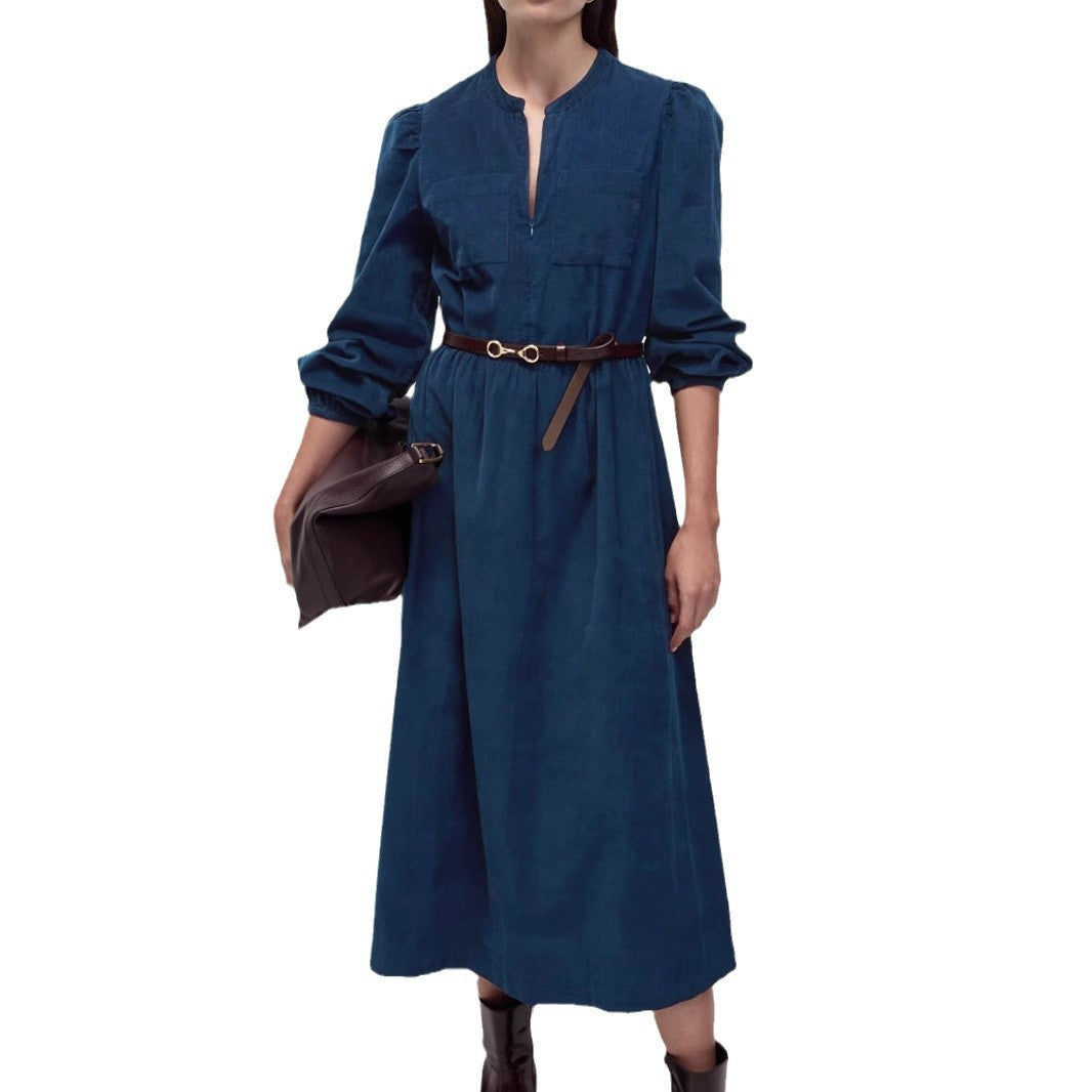 Damen Langes Cordkleid mit geraffter Taillennaht, Brusttaschen und kurzem Reißverschluss Shop Nory