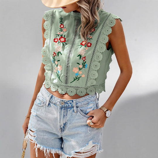 Damen Besticktes Spitzen-Cropped-Top mit Stehkragen und Häkelkanten Shop Nory