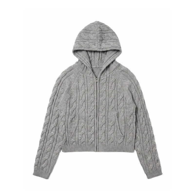 Damen Kapuzen-Zopfstrick-Cardigan mit Reißverschluss und Raglanärmeln Shop Nory