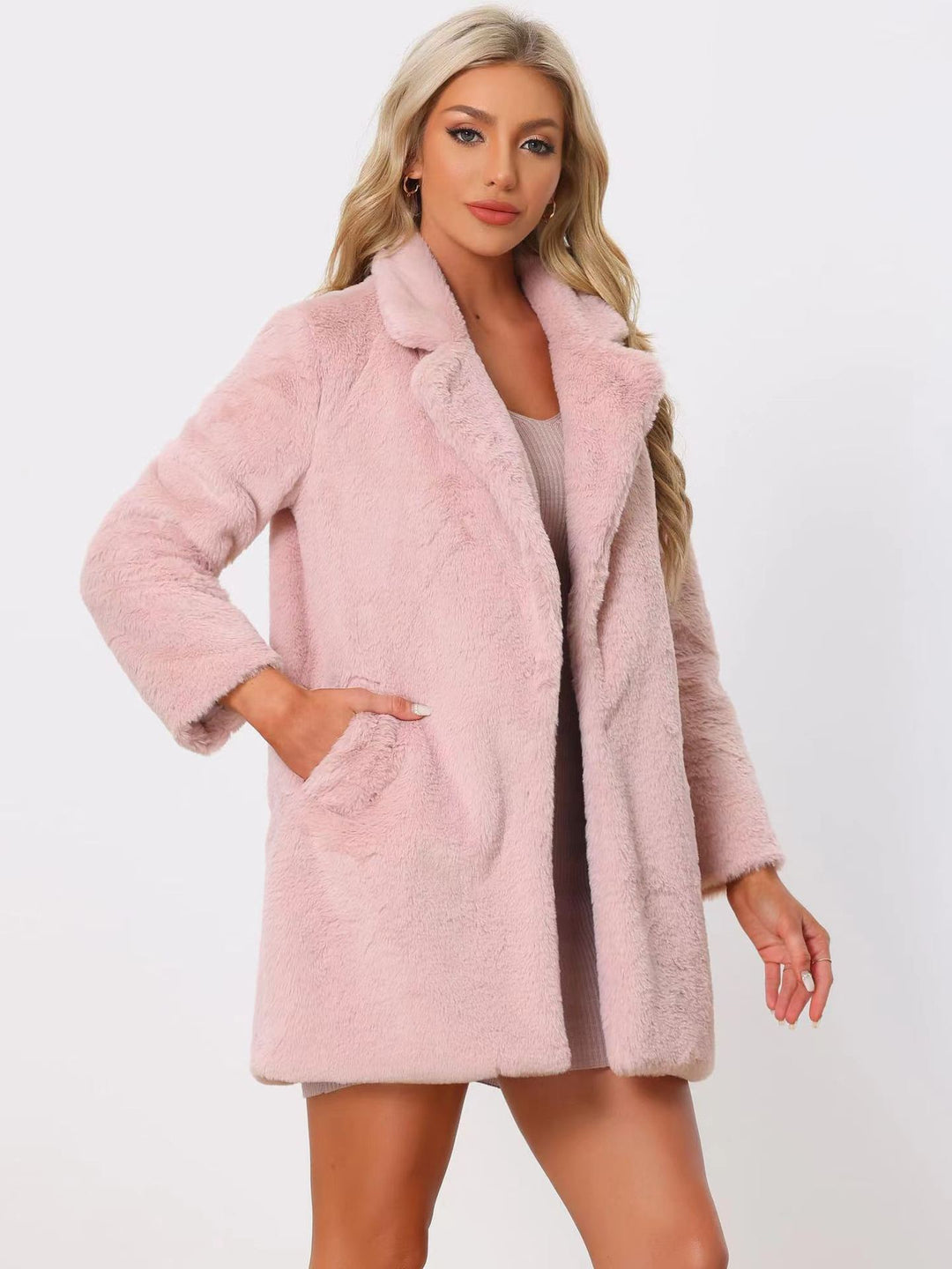 Damen Midilanger Kunstpelz‑Mantel mit softem Schalkragen und Eingrifftaschen Shop Nory