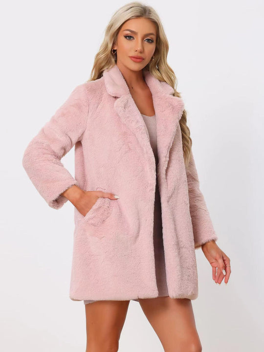 Damen Midilanger Kunstpelz‑Mantel mit softem Schalkragen und Eingrifftaschen Shop Nory