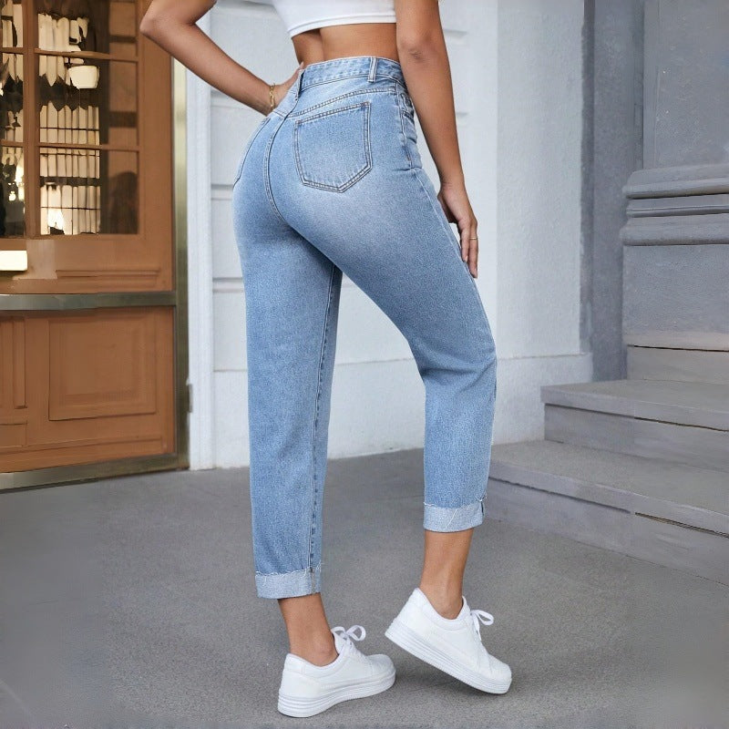 Damen Hochgeschnittene Jeans mit ausgefranztem Saum