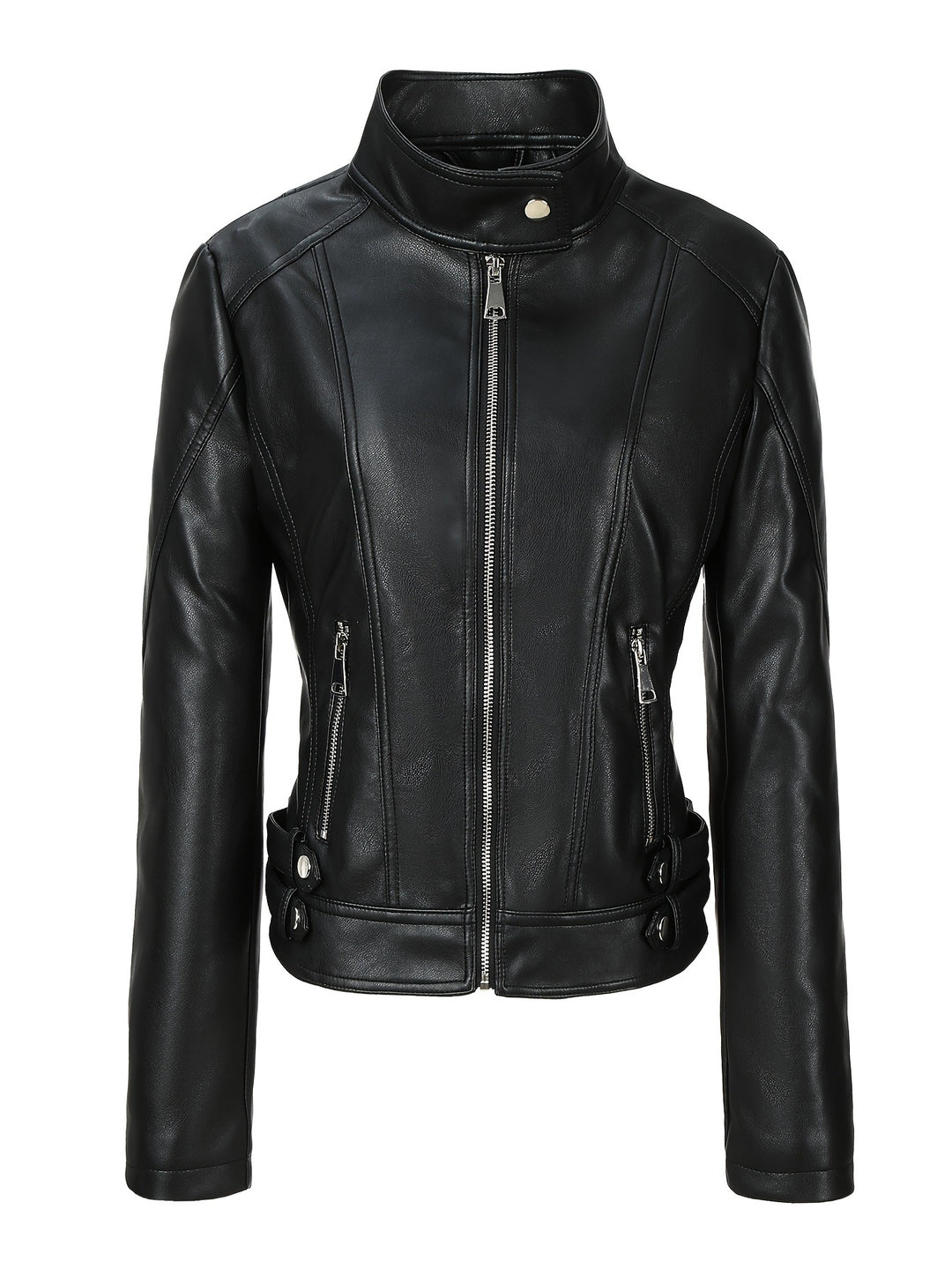 Damen Kurze taillierte Motorjacke aus Kunstleder mit Stehkragen und Schnallgurten Shop Nory