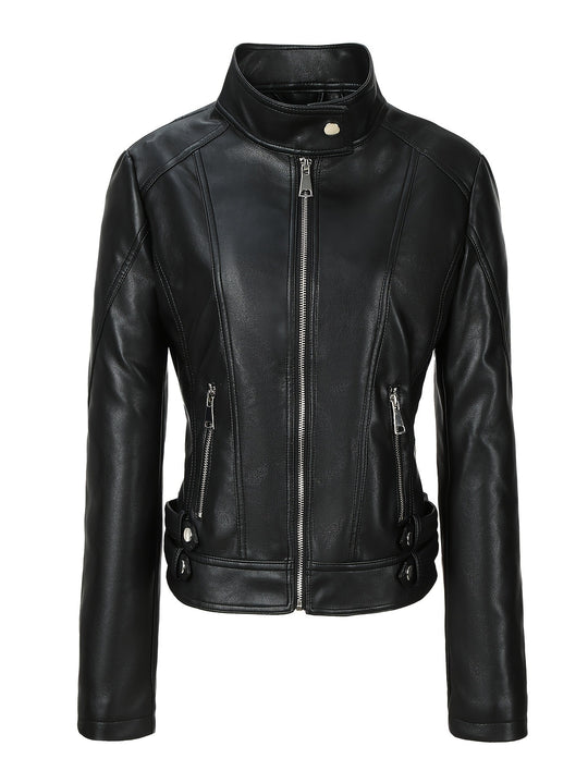 Damen Kurze taillierte Motorjacke aus Kunstleder mit Stehkragen und Schnallgurten Shop Nory