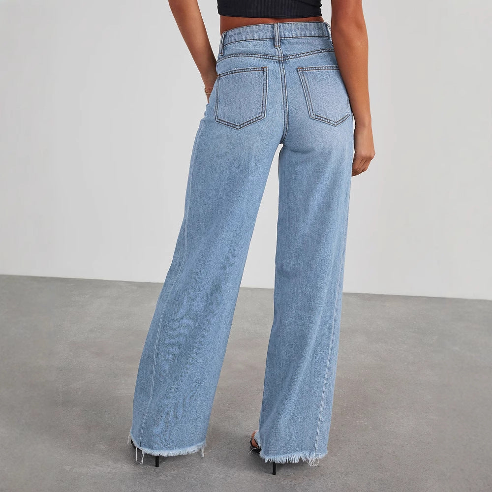 Damen Weite Jeans im lässigen Vintage-Stil mit fransigem Saum