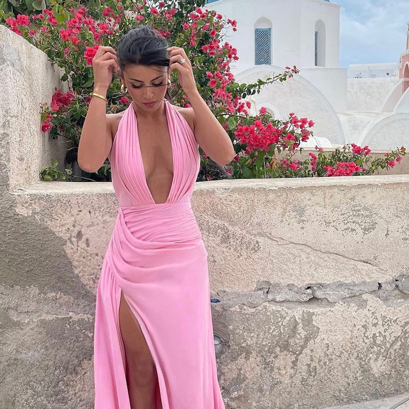 Damen Elegantes Maxikleid mit tiefem V-Ausschnitt und hohem Schlitz