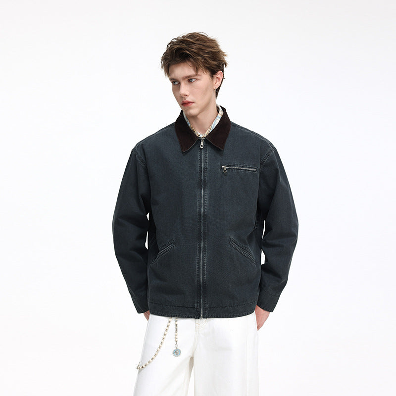 Herren Freizeitjacke aus gewaschenem Baumwollcanvas mit Cordkragen und Reißverschluss-Tasche Shop Nory