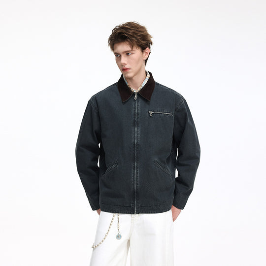 Herren Freizeitjacke aus gewaschenem Baumwollcanvas mit Cordkragen und Reißverschluss-Tasche Shop Nory