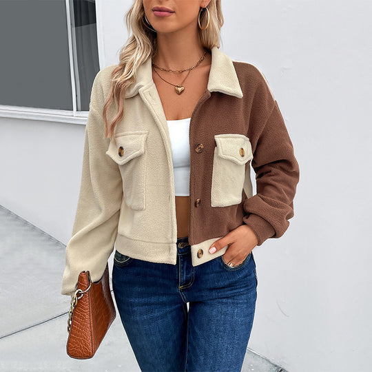 Damen Gekürzte Teddyjacke mit farbblockierten Ärmeln und Brusttaschen Shop Nory