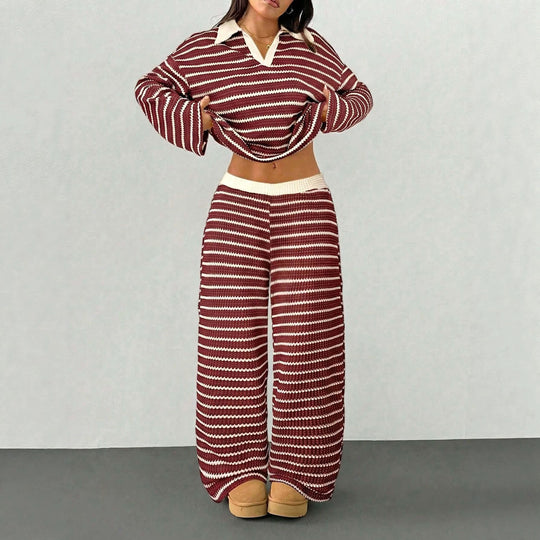 Damen Gestreiftes Strick-Set aus Polokrippenpullover und weiten Palazzo-Strickhose Shop Nory