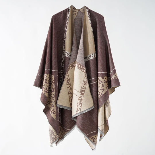 Damen Großer Double-Face Jacquard-Umhang mit Animal-Patch und feinem Fransensaum Shop Nory