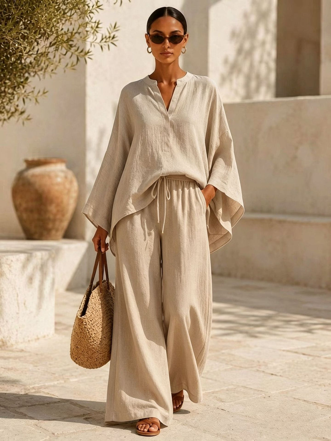 Damen Leichte Leinenmischung Übergroße Kaftan-Oberteil und Kordelzug Weitbein-Hosen Set Shop Nory