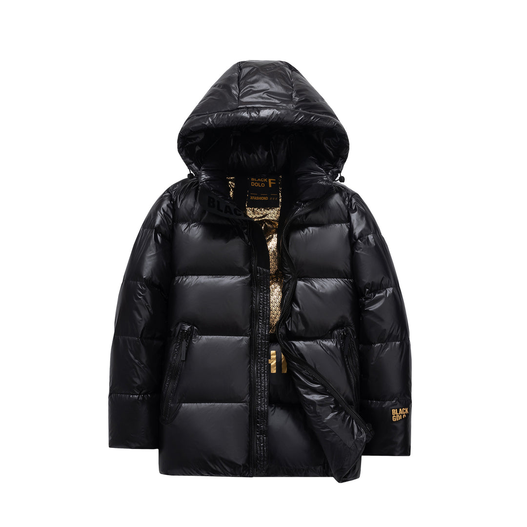 Herren glänzende gesteppte Daunenjacke mit Kapuze und hohem Kragen Shop Nory