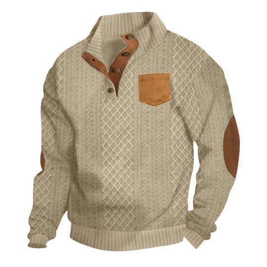 Herren Strukturiertes Kabelstrick-Sweatshirt mit Halbknopfblende, Kunstleder‑Patchtasche & Ellbogenpatches Shop Nory
