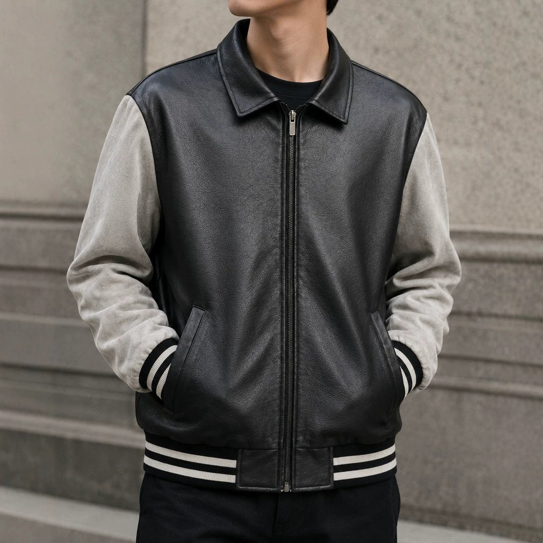 Herren Retro Letterman‑Bomber mit glattem Kunstlederkörper und Veloursärmmel-Detail Shop Nory