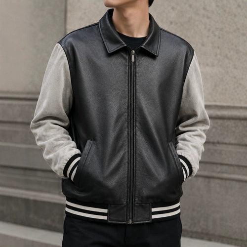 Herren Retro Letterman‑Bomber mit glattem Kunstlederkörper und Veloursärmmel-Detail Shop Nory
