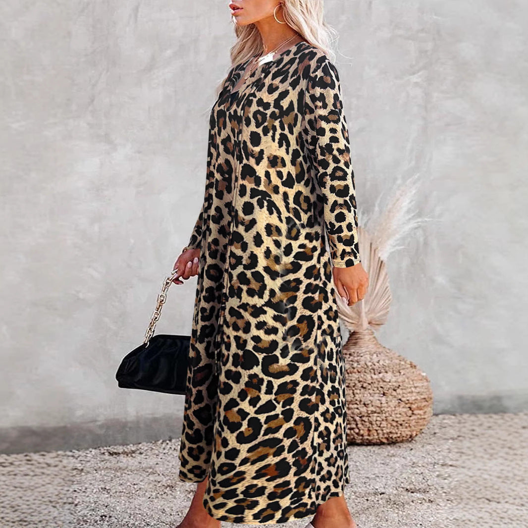 Damen Maxikleid im Hemdblusenstil mit Leopardenmuster, V-Ausschnitt und Dreiviertelärmeln Shop Nory