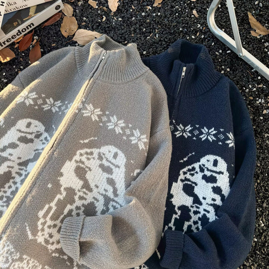 Unisex Übergroße Strickjacke mit durchgehendem Reißverschluss, hohem Rippkragen und Eulen-Intarsien Shop Nory