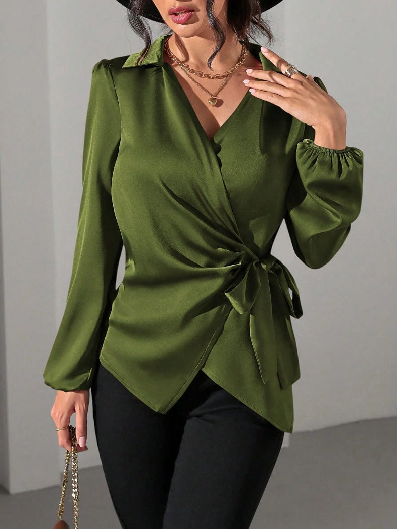 Damen Wickelbluse mit elegantem Taillengürtel und Puffärmeln